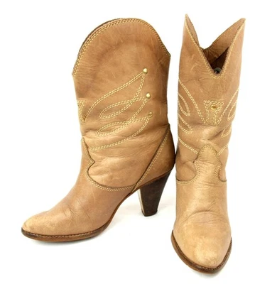 Vintage Tan Leather Studded Womens Western Cowboy Boots Booties Heels 1980s - Image 1 of 4