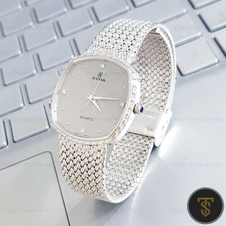 Relógio de quartzo feminino Cyma pulseira de malha prata 30 mm – Usado excelente - Imagem 1 de 4