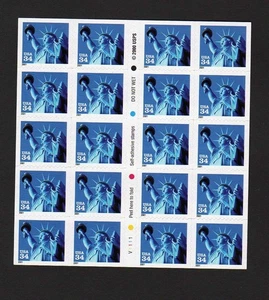 USA Scott 3485b Complete Self Adhesive Pane, 34¢ Statue of Liberty Plate #V2112 - Picture 1 of 1