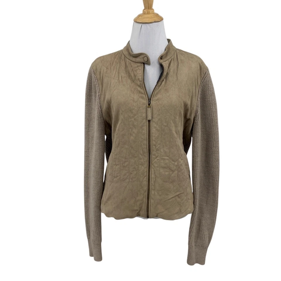 Chaqueta Tory Burch Mujer XL Extra Grande Piedra Lana Merino Cuero Gamuza Acanalada Foto 1 de 4