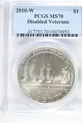 2010 W UNCIRCULATED $1.00 Silver Commemorative - Disabled Vets - PCGS MS 70 - Image 1 of 2