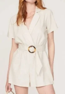 Louna Beige Belted Romper Women Size Small Linen Blend Short Sleeve V Neck - Picture 1 of 14