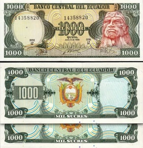 Ecuador 1000 Sucres 1988, UNC, 2 Pcs PAIR, Consecutive, P-125b, Serie IZ - Picture 1 of 4