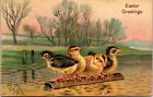 Easter Vintage Postcard 1908 Four Chicks Floating on a Log in the River PY