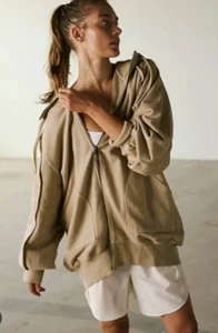 Free People Movement Headliner Zip Up Hoodie Patch Pockets Soft Taupe M NWT - Picture 1 of 4