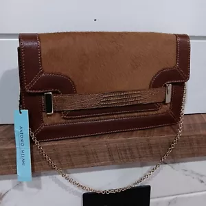 Antonio Melani Brown Leather Calf Hair Shoulder Bag With Gold Chain Strap NWT! - Picture 1 of 15