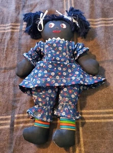 14" Vintage Dark Colored Rag Doll With Hand Embroidered Details Handmade In 1983 - Picture 1 of 11