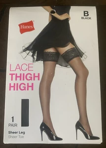 NEW Hanes Stylessentials Lace Thigh High in Sheer Leg Sheer Toe in Black Size B - Picture 1 of 17