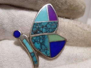 Zuni Inlay Butterfly Pendant Brooch Sterling Signed C Turquoise Coral Lapis - Picture 1 of 9