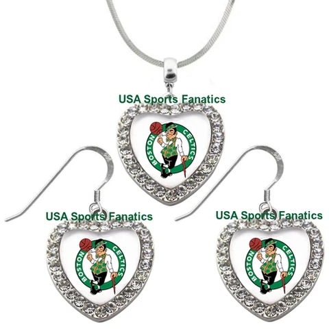 Boston Celtics 925 Necklace or Earrings or Set Team Heart With Rhinestones Cover