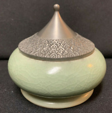 Asian Style Crackled Green Pottery Bowl with Embossed Silver Metal Peaked Top
