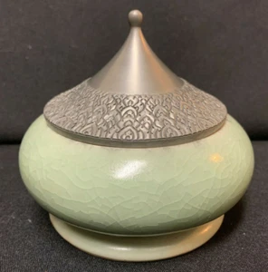 Asian Style Crackled Green Pottery Bowl with Embossed Silver Metal Peaked Top - Picture 1 of 7