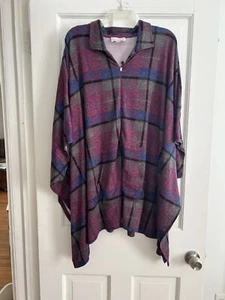 STAN HERMAN Purple Plaid Super Soft Luxe Knit Half Zip Poncho Pockets - Plus 1X - Picture 1 of 6