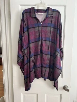 STAN HERMAN Purple Plaid Super Soft Luxe Knit Half Zip Poncho Pockets - Plus 1X - Image 1 of 4