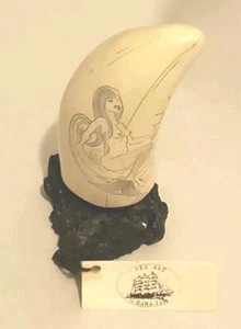Scrimshaw Resin Sculptured Whale Tooth Mermaid Seahorse Hawaii Sea Art Hawaiian - Picture 1 of 7