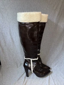 Nine West Brown Patent Leather/ Faux shearling Knee high Boots Woman’s 8.5 - Picture 1 of 9