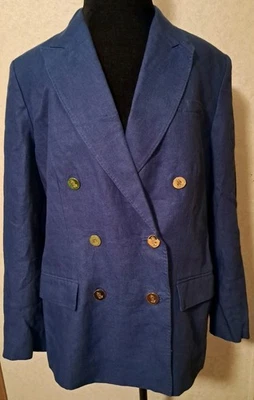 Lauren Ralph Lauren Sz 18 Linen Blazer Blue Double Breasted Gold Logo Buttons - Image 1 of 4