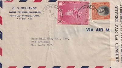 1942 WWII CENSORED AIR MAIL COVER HAITI Bellande USA NY New York Bear Mill Mfg - Image 1 of 2