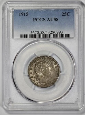 Cuarto de plata Barber 25c 1915 graduación profesional AU 58 Foto 1 de 4