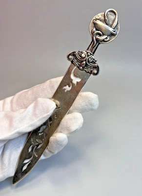 1890's Apothecary Sterling Silver Letter Opener Paper Knife Hygeia Cup Snake 8'' - Image 1 of 4