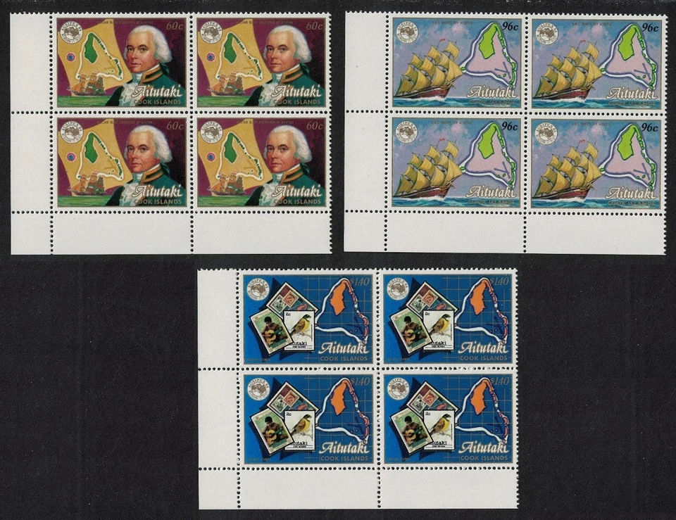 Captain Bligh Ship Map Bird 3v Corner Blocks of 4 Aitutaki 1984 MNH SG#504-506 - image 1 of 1