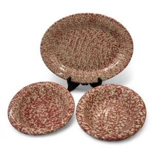 SET 3 ROSEVILLE Workshop Gerald E Henn Red SPONGEWARE Lg Platter 2 Serving Bowls - Picture 1 of 10