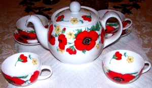 Artfil Sighisoara Romania Colorful Poppy Bone China Tea Set w/Extra Cups - Picture 1 of 3