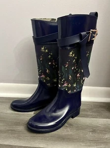 TED BAKER KNEE HIGH BLUE w FLORAL DESIGN & BUCKLE ACCENT WELLIES RAIN BOOTS Sz 8 - Picture 1 of 6