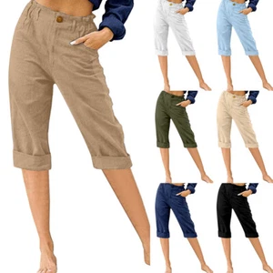 Women Hight Waist Capri Pants Casual Loose Elastic Waist Trousers Solid Summer § - Picture 1 of 24