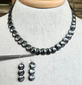 Vintage Magnetic Hematite Disc Bead Choker Necklace 17" & Pierced Earrings Set - Picture 1 of 7