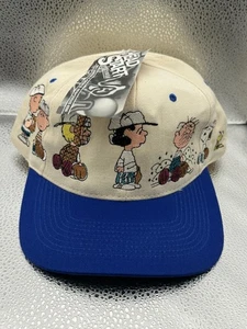 Cappello VINTAGE Peanuts Snoopy berretto snap back panna blu ricamo baseball uomo anni 90 - Foto 1 di 10