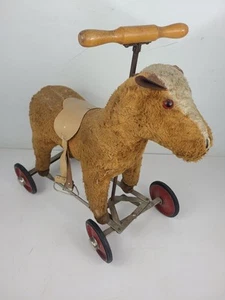 Antique Vintage Straw Filled Stuffed Horse Ride On Wheeled Toy (20"x9"x21") - Picture 1 of 7