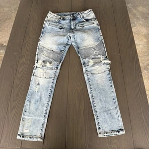 Crysp Denim Streetwear Moto Jeans Herren 30x30 Blau Stretch Distressed Denim Neu ohne Etikett - Bild 1 von 16
