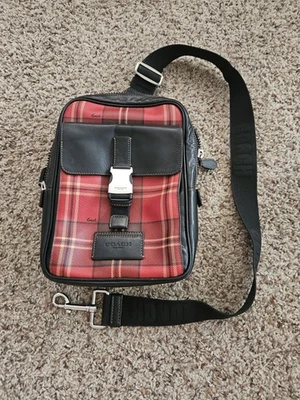 Coach CC029 Track Pack Tartán Estampado a Cuadros Lona y Cuero Rojo Negro Foto 1 de 4