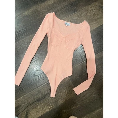 W by W. by W. Ribbed Bodysuit Peach OS PLUS Long Sleeve Bustier V-Neck - Image 1 of 3