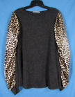 CES FEMME Charcoal LIGHTWEIGHT KNIT w/Satin Leopard Sleeves PULLOVER TOP Sz L