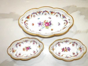 VINTAGE SCHUMANN BAVARIA THREE RETICULATED OVAL SERVING BOWLS DRESDEN FLOWERS - Picture 1 of 7
