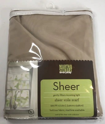 Martha Stewart Everyday Sheer Window Scarf Taupe 59" x 216" New Open Package NOS Foto 1 de 4