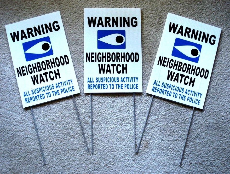 3 WARNING NEIGHBORHOOD WATCH POLICE SIGNS w/Stakes 8x12 Plastic Coroplast white
