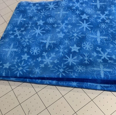 14x32” Cotton Quilting Crafting Fabric Blue Snowflake Stars Silver Sparkles - Image 1 of 4