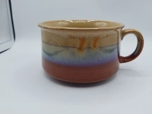 Glazed Pottery Soup Mug Brown Tan And Blue  - Picture 1 of 7
