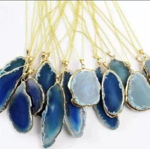 Blue Agate Slice Charm Necklace w/ Gold Tone Trim, Agate Rock, Healing Gemstone - Picture 1 of 3