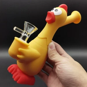7" Yellow Screaming Chicken Bong Smoking Hookah Silicone Water Pipe + Glass Bowl - Foto 1 di 8