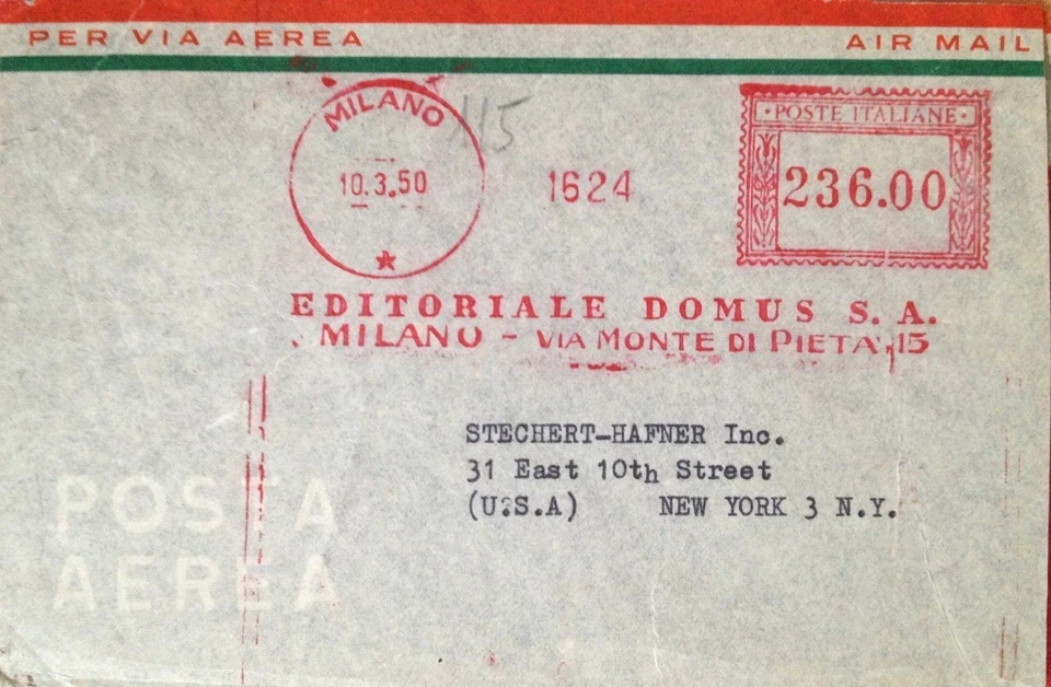 § BUSTA CON ANNULLO ROSSO PER NEW YORK, POSTA AEREA - G. MAZZOCCHI EDITORE 1950 - Immagine 1 di 1