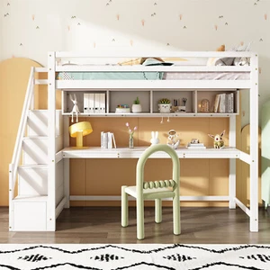 High Sleeper Bunk Bed Single Solid Pine Wood Kids Loft Bed Frame W/ Desk, Stairs - Picture 1 of 7