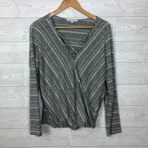 Green Envelope Damen gestreiftes Langarm Surplice Strick Shirt grau weiß Gr. XL - Bild 1 von 4