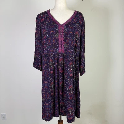 J Jill East Village Dress Size Large Embroidered 1/2 Sleeve Plum Purple Boho - Image 1 of 4