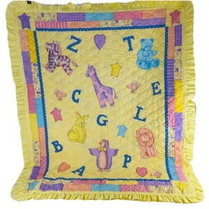 Vintage Yellow Baby Crib Blanket Quilt Noah’s Ark Animals And Alphabet - Picture 1 of 15