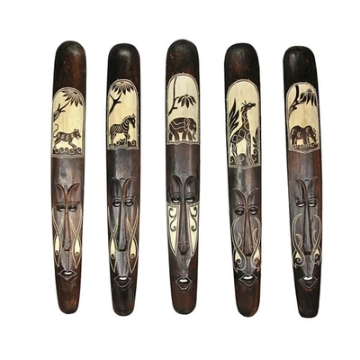 Juego de cinco máscaras tribales estilo africano talladas a mano de 39 pulgadas decoración de barra de pared Foto 1 de 4