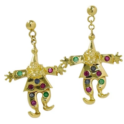 Clown Ruby Sapphire Emerald Earrings K18 Yellow Gold 3.9g - Image 1 of 4